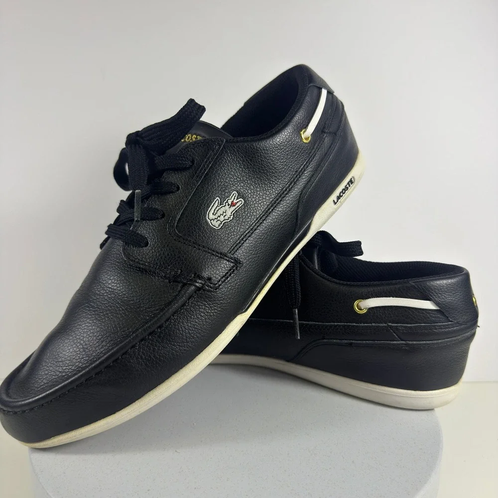 Lacoste Mens Black Leather Boat Shoes Low Top Sneakers‎ Gold Logo Moc Toe 10